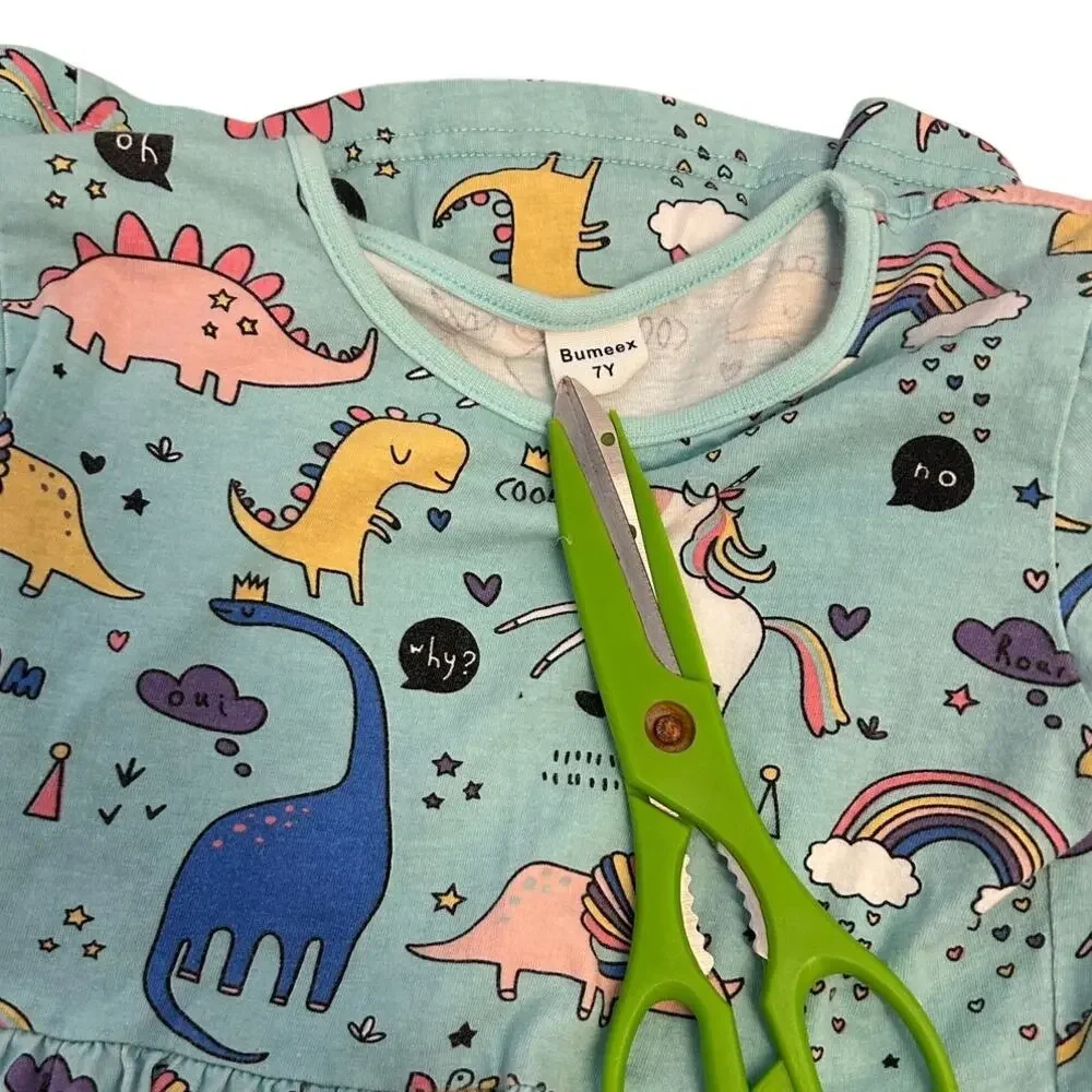 Bumeex girls size 7 tunic dress light blue cartoon print unicorns & dinosaurs